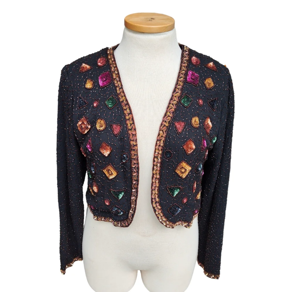 Vintage Beaded Sequins Bolero Jacket Made In India 16 Large - Picture 2 of 13